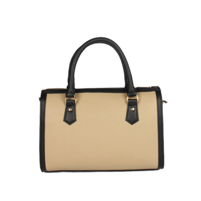 Beige and black ladies leather handbag with dual handles and gold accents.