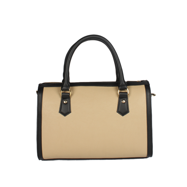 1 (11) Beige and black ladies leather handbag with dual handles and gold accents.